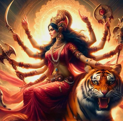 তৃতীয়া/ মা চন্দ্রঘণ্টা - কন্যার বিবাহ হচ্ছে। মস্তকে চন্দ্রস্বরূপ তার স্বামী অবস্থান করছেন। অর্থাৎ একটি নববিবাহিত দম্পতির পূর্ণ ছবিও আঁকা হচ্ছে। এবং অদ্ভুত ভাবে চন্দ্রঘণ্টার রূপ বর্ণনার সঙ্গে শিব-পার্বতীর বিয়ের কাহিনি ওতপ্রোত ভাবে জড়িত।