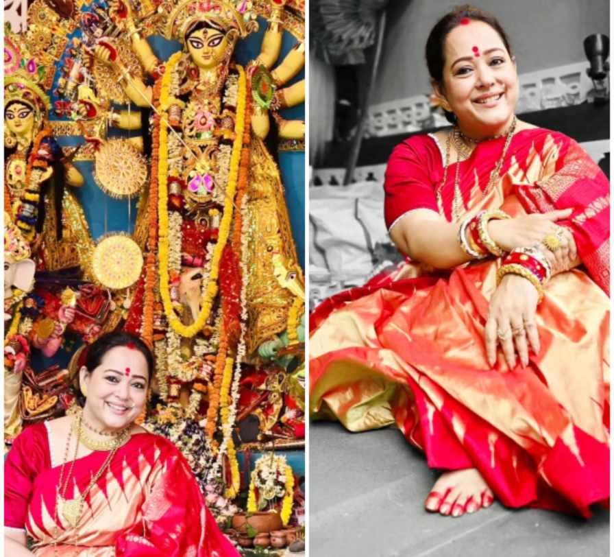 অষ্টমীর সকাল মানেই সাবেকিয়ানার ছোঁয়া। অপরাজিতা আঢ্যের সাজে ছিল আভিজাত্যের পরশও। নাকে বড় নথ, গলা ভর্তি সোনার গয়না এবং লাল শাড়িতে তিনি সত্যিই যেন 'রঙিন'!  এই প্রতিবেদনটি ‘আনন্দ উৎসব’ ফিচারের একটি অংশ।