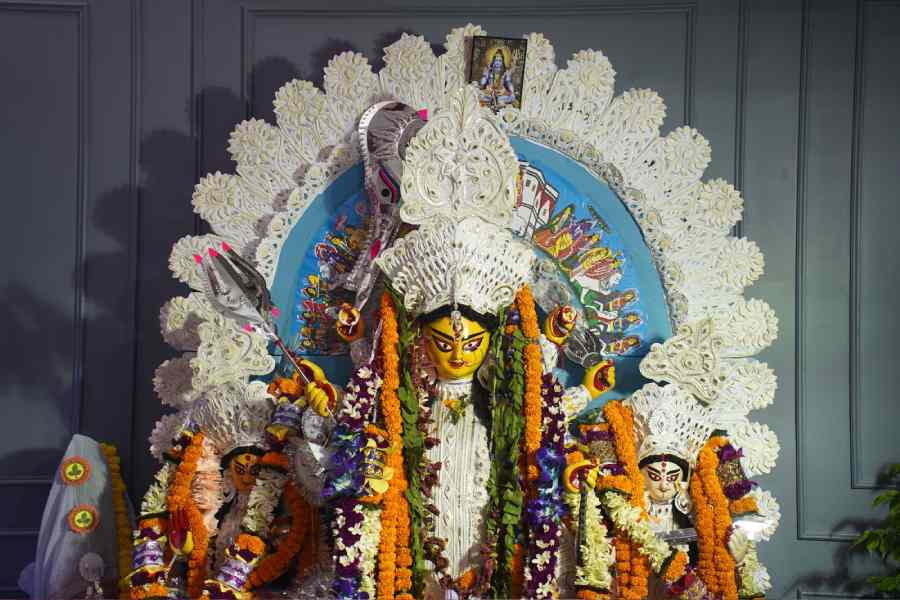 টানা চোখের ডাকাই সাজের মায়ের শ্বেতশুভ্র বেশ। ফুল, মালা এবং অলঙ্কার দিয়ে পরম যত্নেই মাকে সাজিয়েছেন তাঁরা।