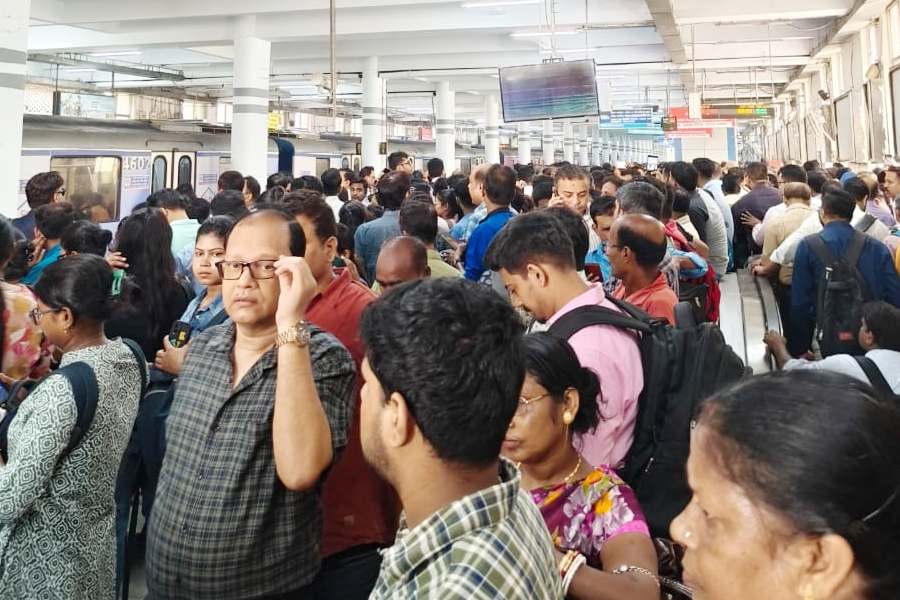 স্টেশনেই দাঁড়িয়ে মেট্রো। পরিষেবা স্বাভাবিক হওয়ার অপেক্ষায় যাত্রীরা। মঙ্গলবার সকালে দমদমে।