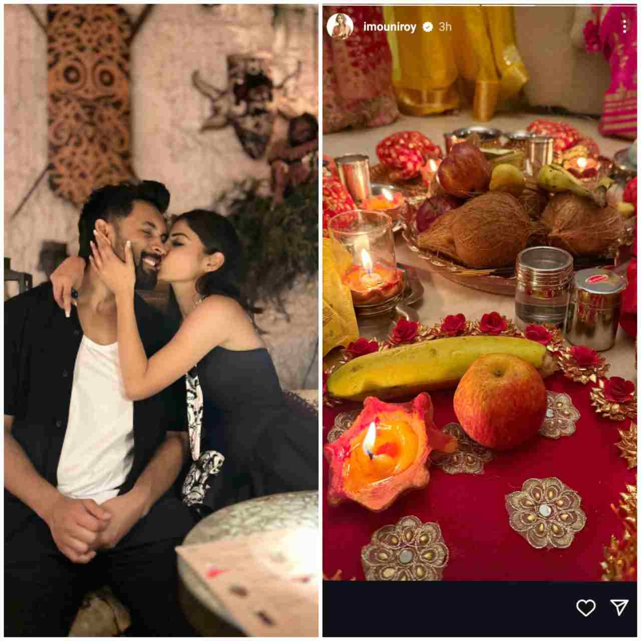 সুসজ্জিত থালায় সাজানো ফল-মিষ্টি থেকে প্রদীপ। স্বামীর মঙ্গলের জন্য সারাদিন অভুক্ত থেকে করওয়া চৌথ পালন করলেন বঙ্গতনয়া মৌনী রায়। 