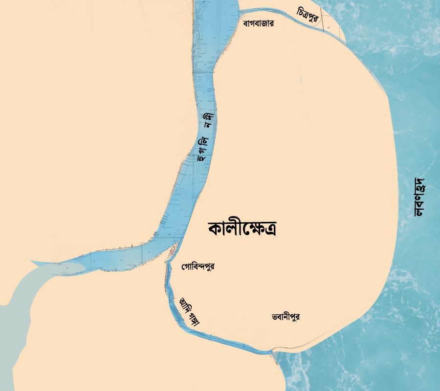 প্রাচীন কলকাতা এবং কালীক্ষেত্রের আনুমানিক অবস্থান।