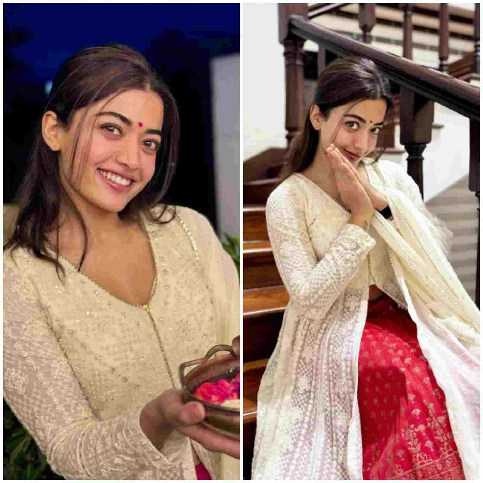 সাদা-লাল এথনিক গাউনে নজর কাড়লেন রশ্মিকা মন্দনা। অভিনেত্রীর ‘দীপাবলির ফোটোশুটকে কত নম্বর দেবেন? 