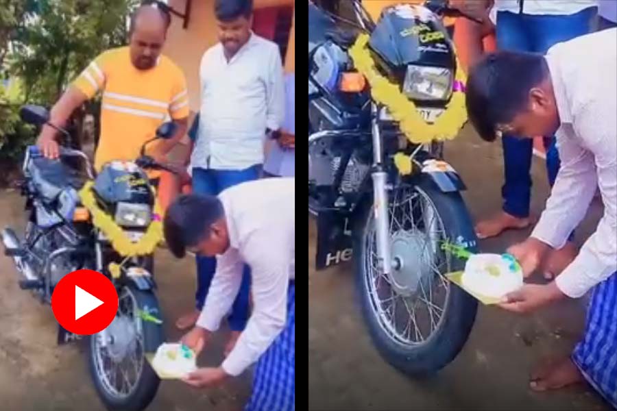 A viral video shows a man celebrates his motorbikes birthday