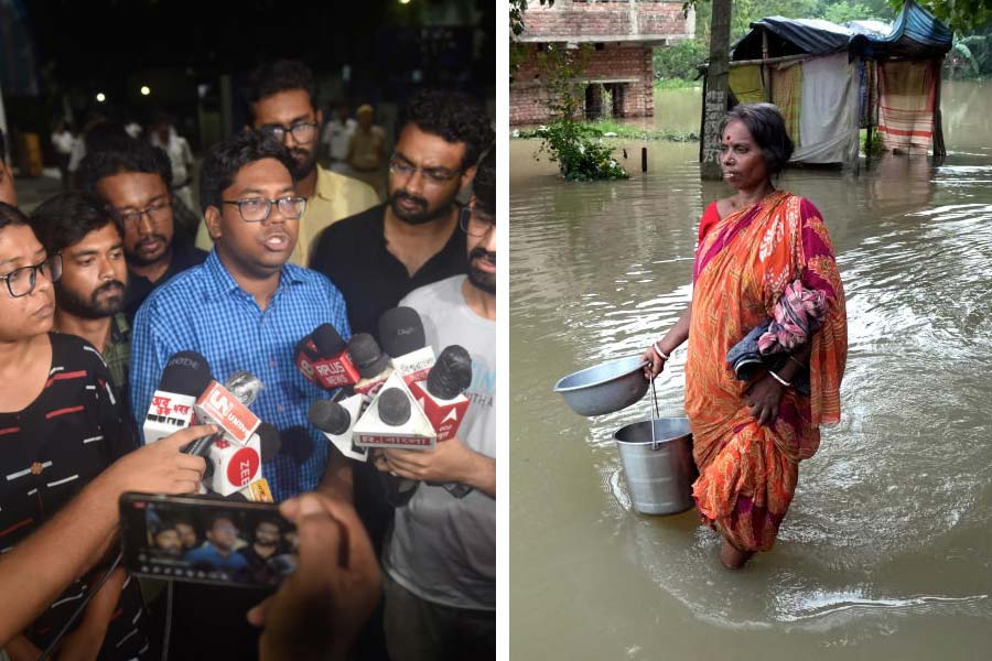 (বাঁ দিকে) সল্টলেকের ধর্নামঞ্চে আন্দোলনকারী জুনিয়র ডাক্তারেরা। বন্যায় বিধ্বস্ত জনজীবন (ডান দিকে)।