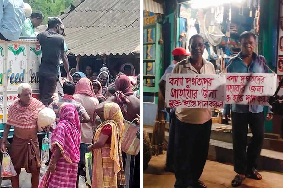 বন্যা দুর্গতদের পাশে রেড ভলান্টিয়ার্স বাহিনী (বাঁ দিকে)। বন্যা ত্রাণের জন্য অর্থ সংগ্রহে সিপিএম কর্মীরা (ডান দিকে)।