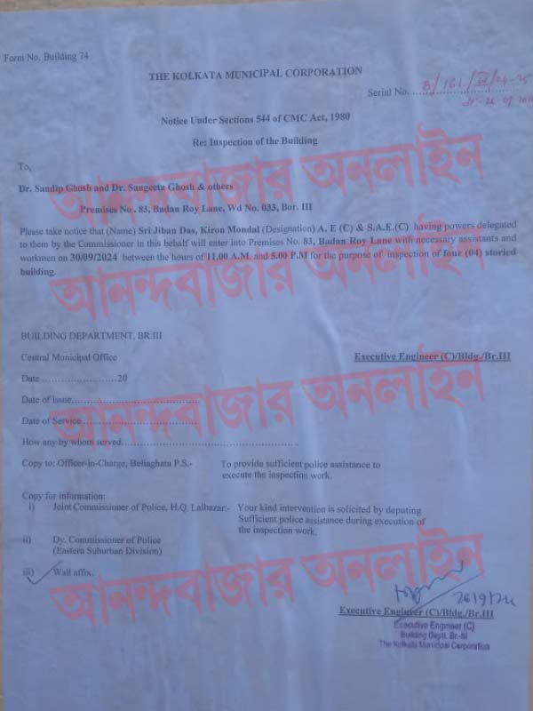 সন্দীপ ঘোষের বাড়িতে নোটিস পাঠিয়েছে কলকাতা পুরসভা।