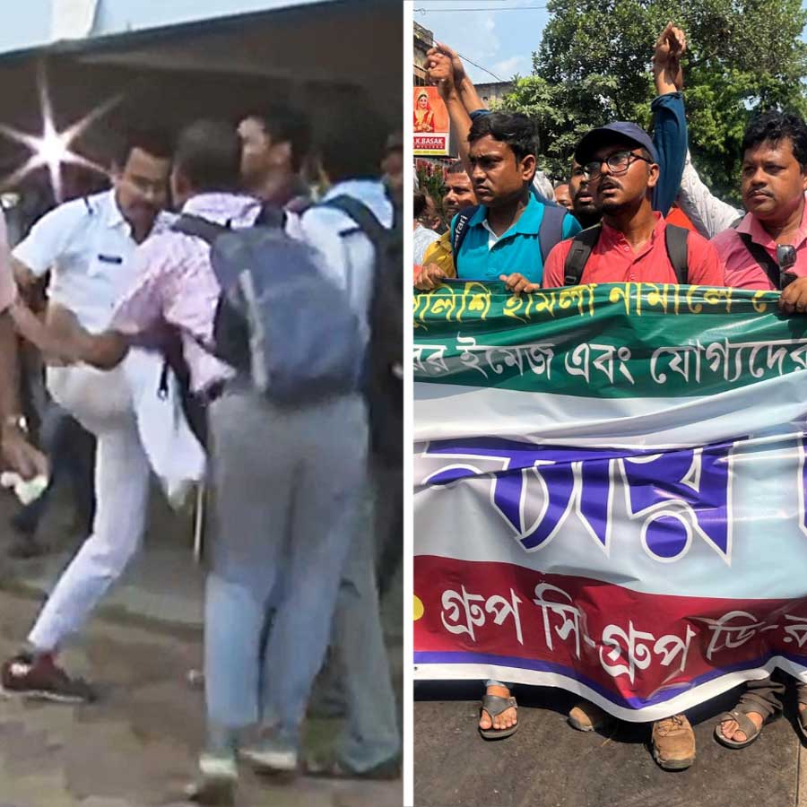 (বাঁ দিকে) কসবায় চাকরিহারা শিক্ষককে পুলিশের লাথি মারার দৃশ্য। কলকাতার রাজপথে চাকরিহারাদের মিছিল (ডান দিকে)