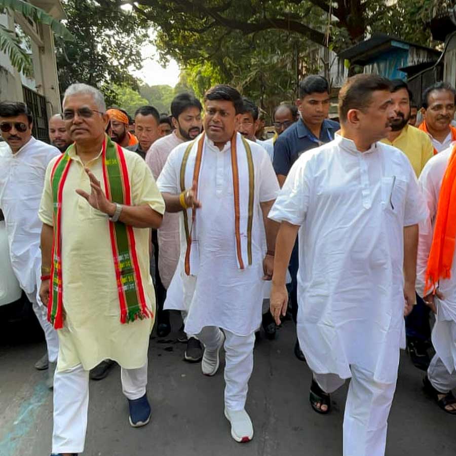 রবিবার কলকাতার রাজপথে সারাক্ষণ পাশাপাশি হেঁটেছেন দিলীপ ঘোষ, সুকান্ত মজুমদার এবং শুভেন্দু অধিকারী। সঙ্গে ছিলেন সামনের সারির অন্য নেতারাও।