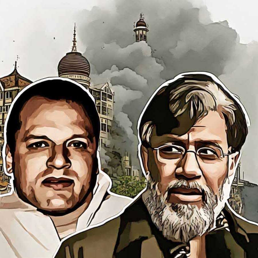 মুম্বই হামলার দুই চক্রী (বাঁ দিকে) ডেভিড কোলম্যান হেডলি এবং তাহাউর রানা (ডান দিকে)। গ্রাফিক: আনন্দবাজার ডট কম।