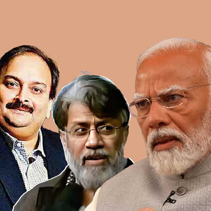 (বাঁ দিক থেকে) মেহুল চোকসী, তাহাউর রানা এবং ভারতের প্রধানমন্ত্রী নরেন্দ্র মোদী।