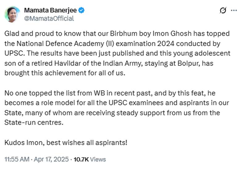 Chief Minister Mamata Banerjee extended her greetings on the X handle.