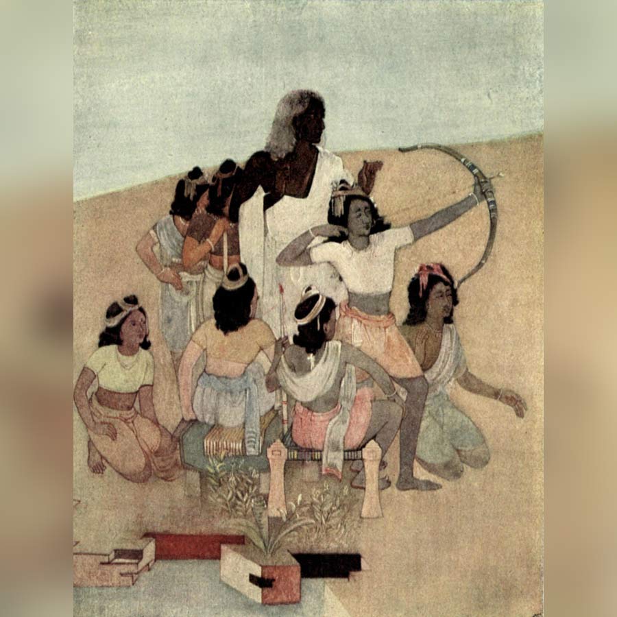 গুরু: কুরু রাজপুত্রদের অস্ত্রশিক্ষা দিচ্ছেন দ্রোণাচার্য। নন্দলাল বসুর ছবি। উইকিমিডিয়া কমনস।