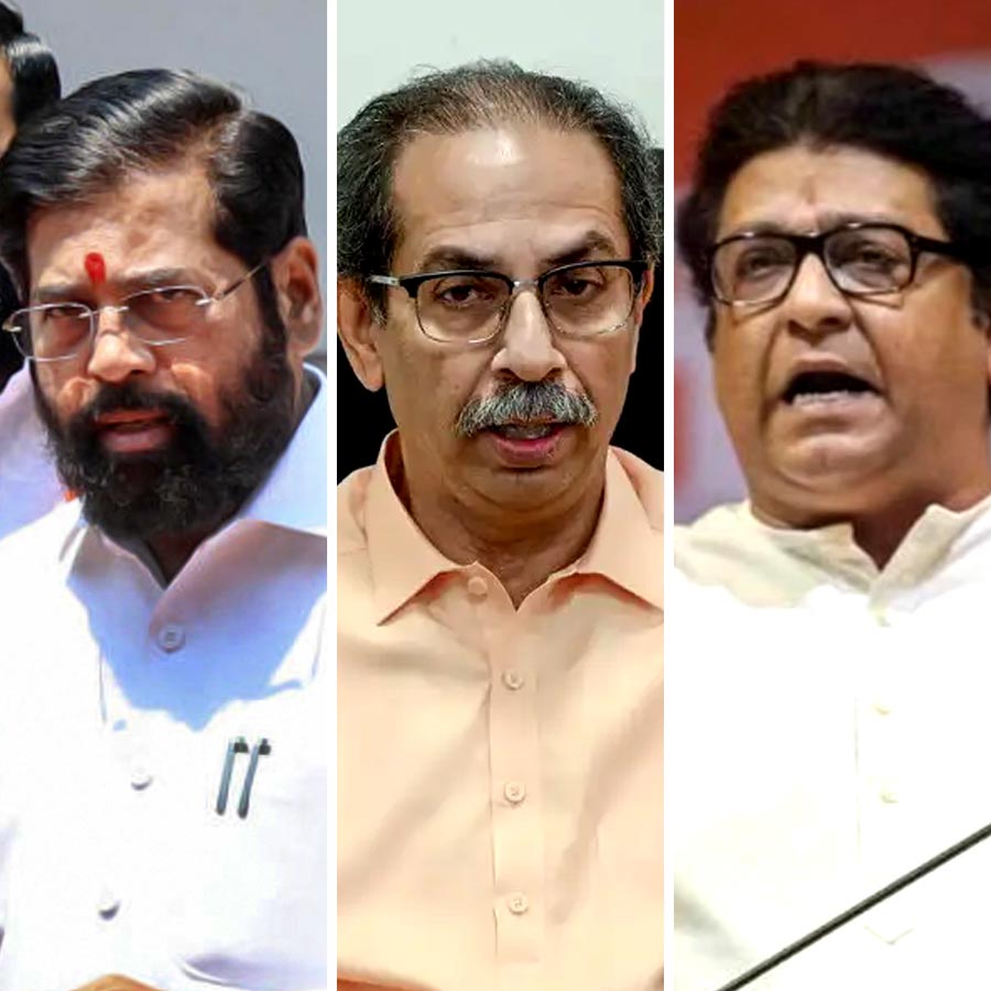 (বাঁ দিক থেকে) একনাথ শিন্ডে, উদ্ধব ঠাকরে এবং রাজ ঠাকরে।
