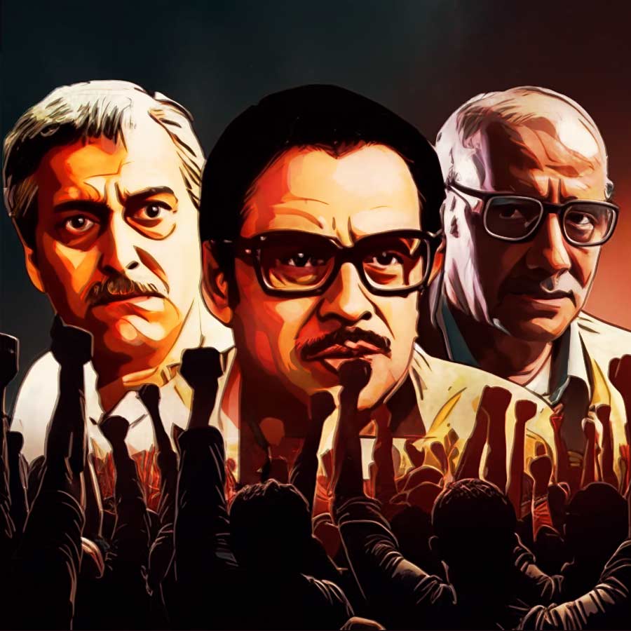 These four characters uncompromising life story from the bengali movie Heerak Rajar Deshe, Atanka, Rudrabeena and Proloy still showing the path