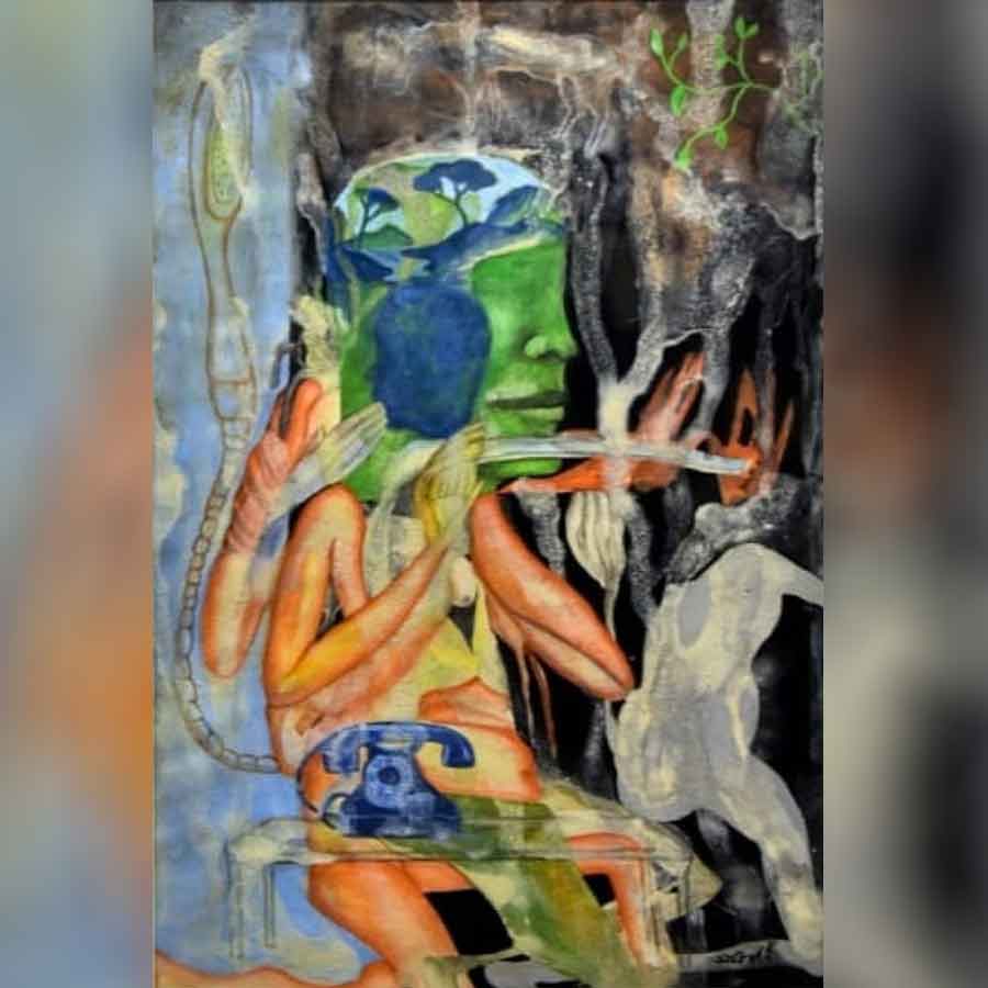 আত্মমগ্ন: অনির্বাণ মুখোপাধ্যায়ের প্রদর্শনীর চিত্রকর্ম।