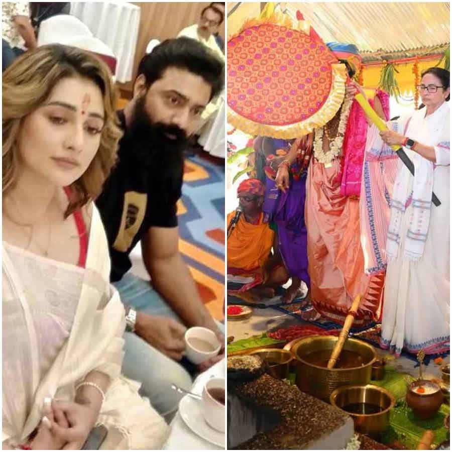 মন্দিরে পুজোর তদারকিতে মুখ্যমন্ত্রী মমতা বন্দ্যোপাধ্যায়। উপস্থিত দেব, সায়ন্তিকা।