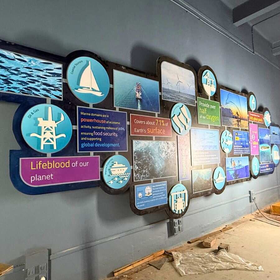The gallery is decorated with various diagrams.