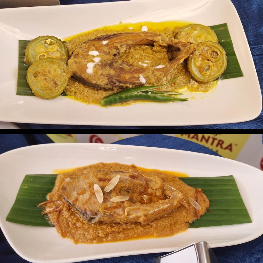 নারকেল দুধে কাঁকরোল দিয়ে ইলিশের রান্না (উপরে) এবং ইলিশের রোস্ট (নীচে)। 