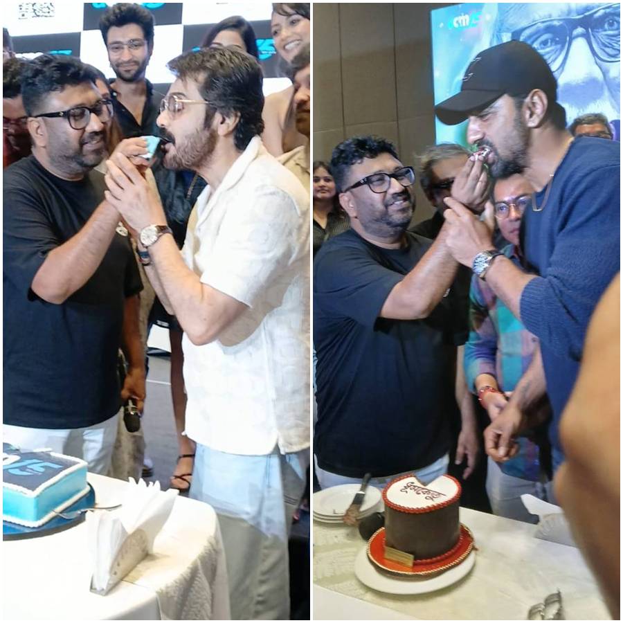 কেক কেটে উদ্‌যাপনে রানা সরকার, প্রসেনজিৎ চট্টোপাধ্যায়, দেব।