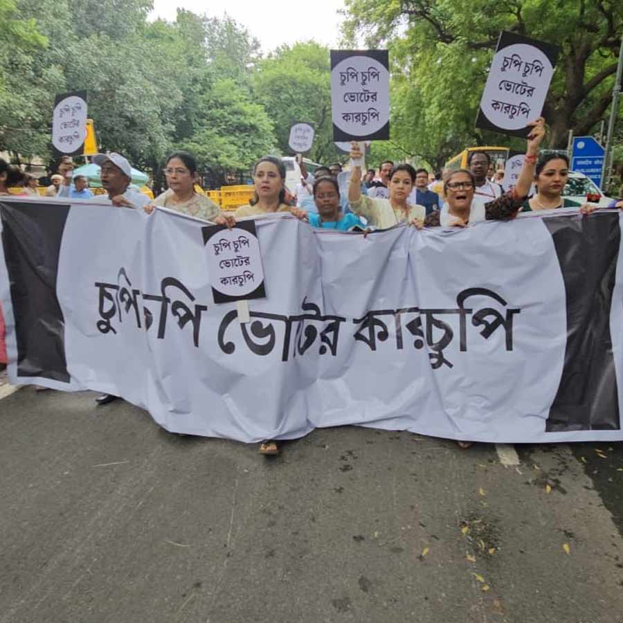 বাংলায় লেখা ব্যানার নিয়ে মিছিল তৃণমূল সাংসদদের। 