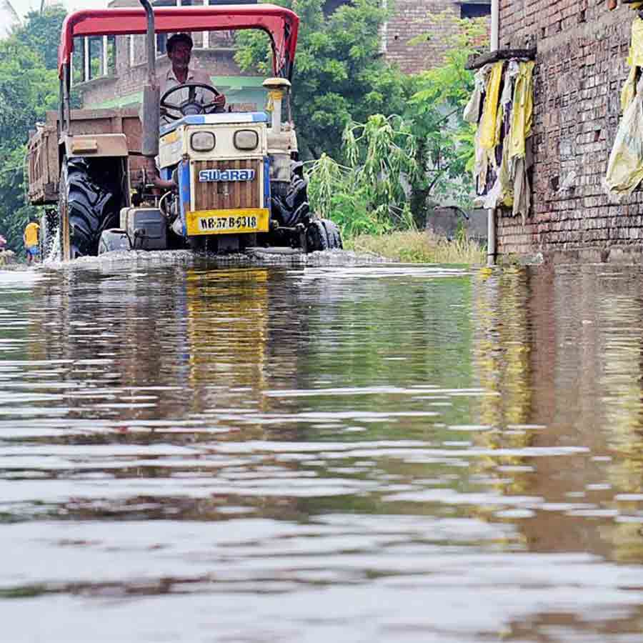 তেলকারের বিল ভাসিয়ে জল বইছে বহরমপুরের রানীনগর গ্রামে ঢোকার রাস্তায়।