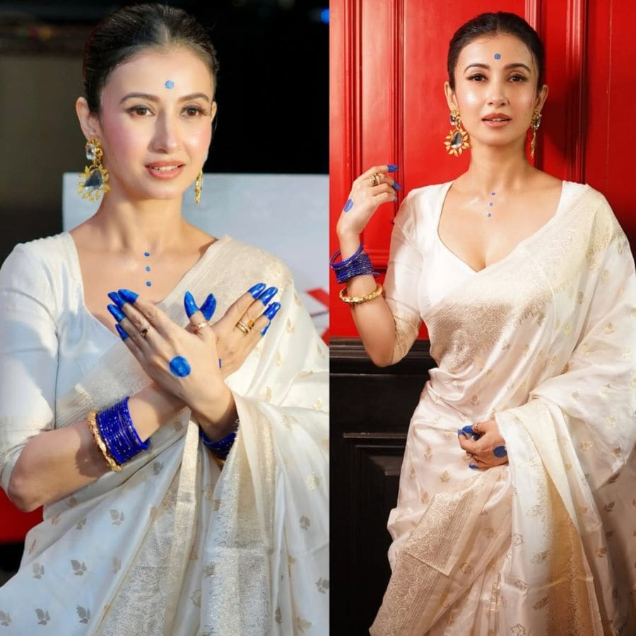 Monami Ghosh Sets Puja Fashion Trend with Blue Alta and White Saree Look dgtl