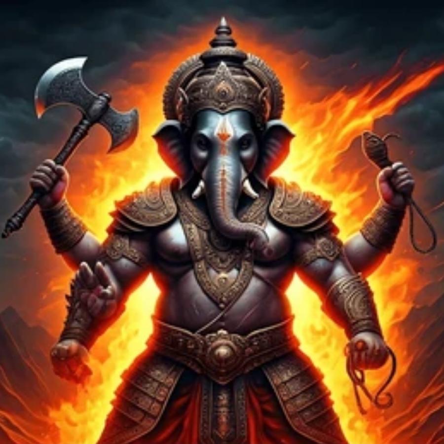 ৭। সিন্ধুর সেনাপতি উগ্রেক্ষণকে দু’বার পরাজিত করেন গণেশ। অবশেষে চূড়ান্ত যুদ্ধে ময়ূর বাহনে সওয়ার হয়ে তিনি পৌঁছলেন অসুরের রাজ্যে।