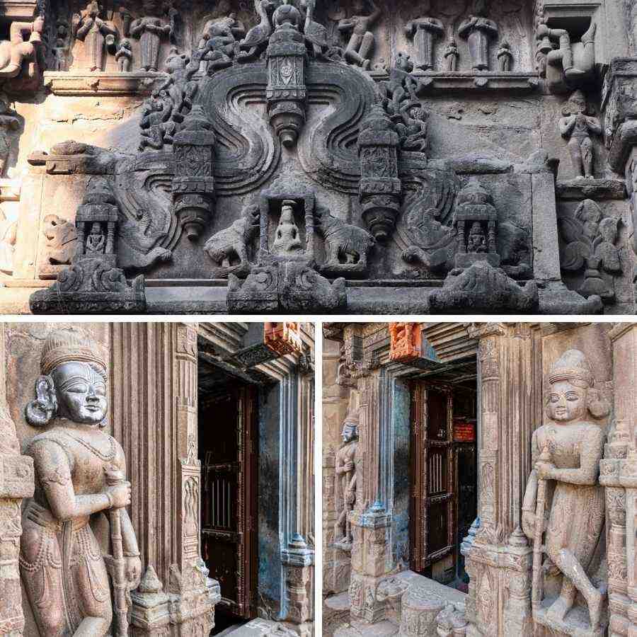 ১৩। গর্ভগৃহে প্রবেশের মুখে রয়েছে লক্ষ্মীদেবীর ভাস্কর্য, দু’পাশে দুটি হাতি। সমৃদ্ধি ও সুরক্ষার প্রতীক এই অলঙ্করণ।