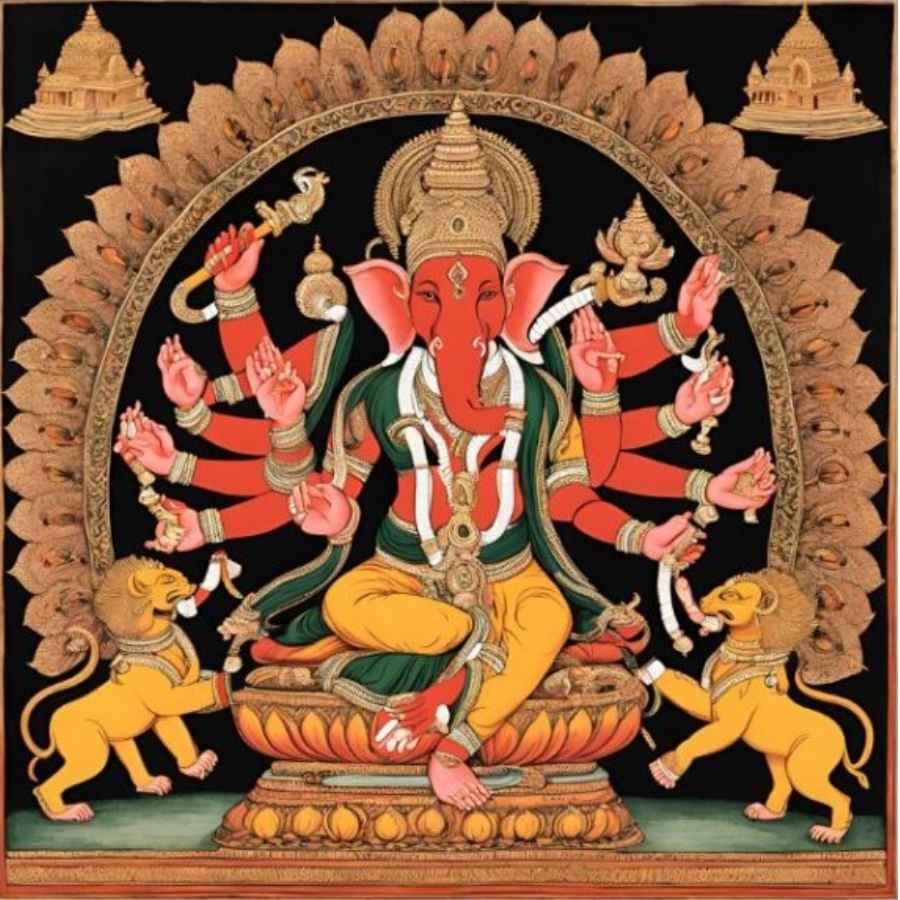 গণেশ পুরাণের সেই চার অবতারের গল্প দিয়ে শুরু করা যাক। সত্যযুগে দেবান্তক ও নরান্তক নামের দুই অসুর ত্রিলোক জুড়ে ত্রাসের রাজত্ব শুরু করেছিল। তাদের থামাতে মহোৎকট বিনায়ক রূপে আবির্ভূত হয়েছিলেন গণেশ। দশভূজ আর রক্তবর্ণ এই অবতারটি অন্ন দানা ছুড়ে মুহূর্তেই বধ করেন অসুরদের। 