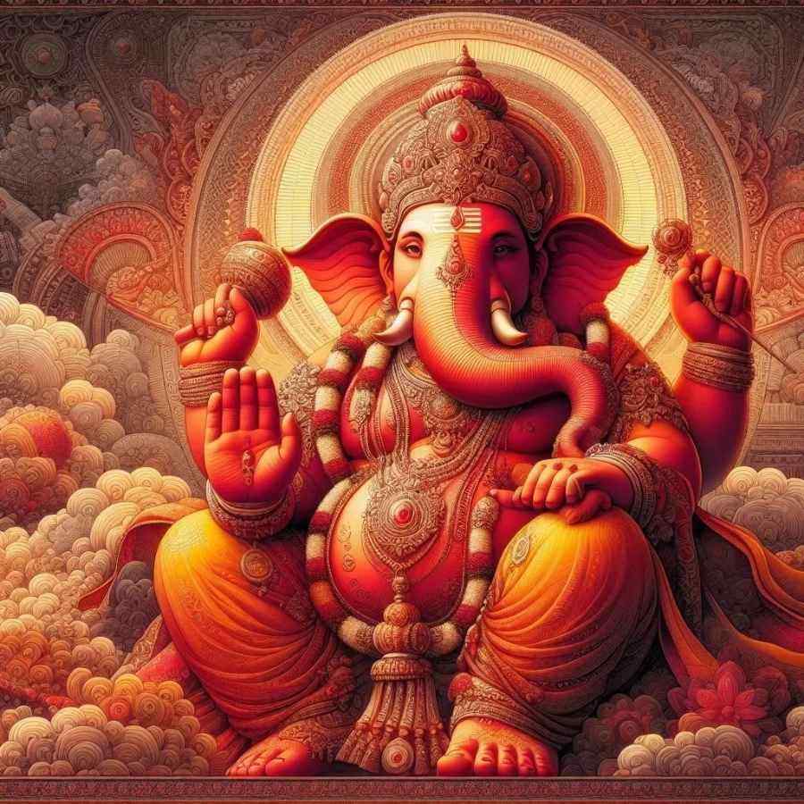 সিন্দুরাসুর নামের এক অসুরকে দমন করতে গজানন রূপে এসেছিলেন গণেশ। তাঁর শরীরের রক্তবর্ণ আর সিঁদুরের প্রলেপ আসলে সিন্দুরাসুরের রক্ত, যা দিয়ে তিনি স্নান করে তাকে চিরতরে বিনাশ করেছিলেন। এই কারণেই গণেশকে সিঁদুর অর্পণ করা হয়।