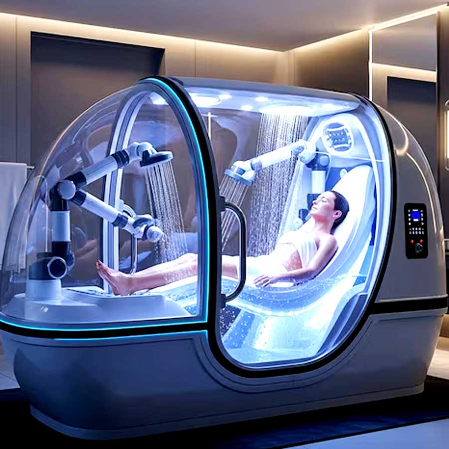 A full-body bath pod that washes, rinses and dries you automatically in 15 minutes