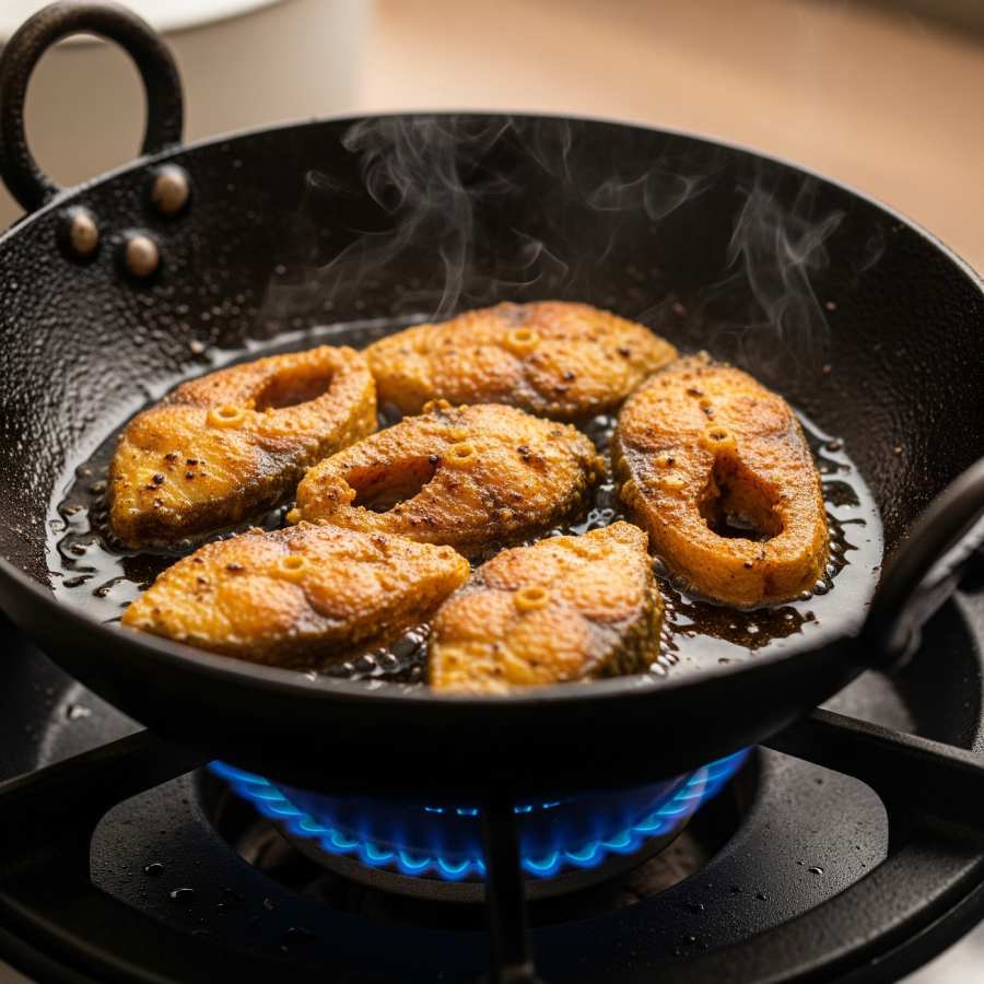 কড়াইয়ে ভাজলেও মুচমুচে হবে মাছ ভাজা, লাগবে না বেশি তেল।