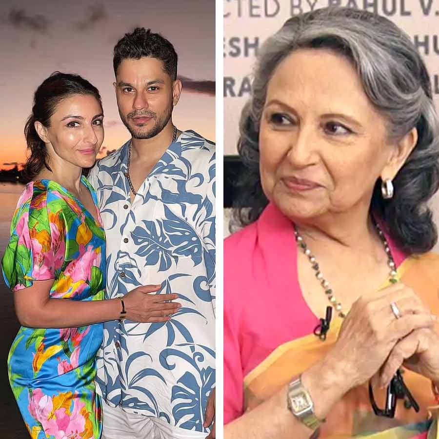 (বাঁ দিকে) সোহা আলি খান ও কুনাল খেমু, (ডান দিকে) শর্মিলা ঠাকুর।