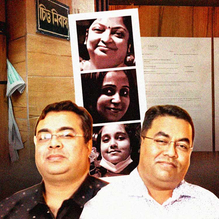 ট্যাংরার দুই ভাই (বাঁ দিকে) প্রণয় দে এবং প্রসূন দে (ডান দিকে)। (পিছনে উপর থেকে) প্রণয়ের স্ত্রী সুদেষ্ণা দে, প্রসূনের স্ত্রী রোমি দে এবং কন্যা প্রিয়ম্বদা।