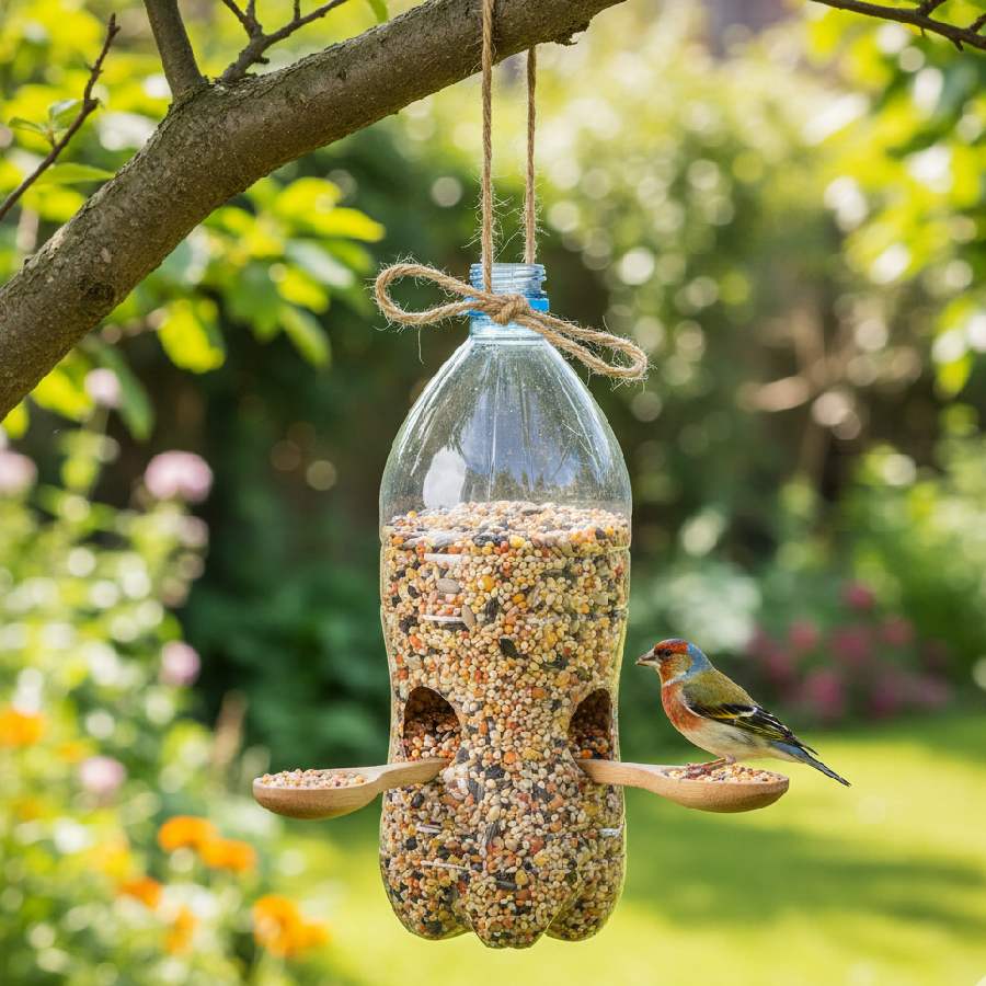 বোতল দিয়ে পাখির খাওয়ার জায়গা তৈরি করে নিন।