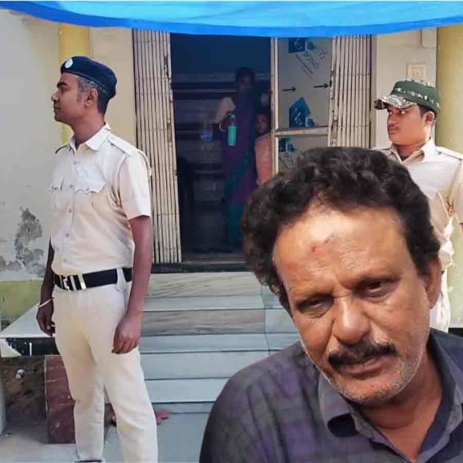 Police security in front of the house of Bhola Ghosh, who testified against Shahjahan Sheikh