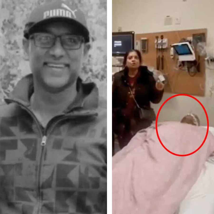 (বাঁ দিকে) ভারতীয় বংশোদ্ভূত যুবক প্রশান্ত শ্রীকুমার। (ডান দিকে)  হাসপাতালে তাঁর দেহের পাশে স্ত্রী নীহারিকা। ছবি: সংগৃহীত।