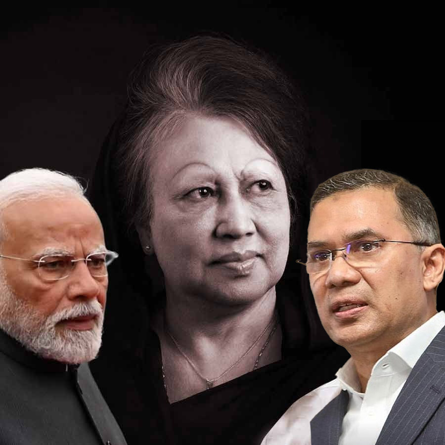 (বাঁ দিক থেকে) প্রধানমন্ত্রী নরেন্দ্র মোদী, প্রয়াত খালেদা জিয়া এবং তারেক রহমান।