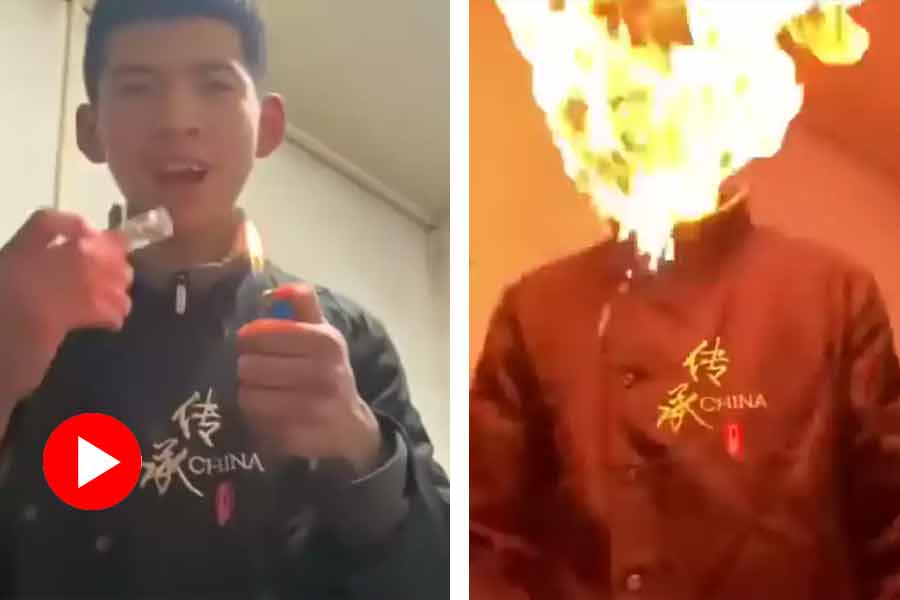 Face of a man catches fire after lighter stunt goes wrong