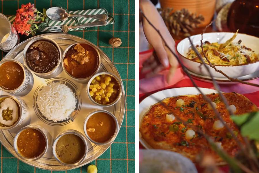 রুপোলি থালায় গোল করে সার সার রুপোলি বাটি সাজিয়ে তাতে খাঁটি পাহাড়ি খাবার এক পাহাড়ি রমণীকে পরিবেশন করছেন কঙ্গনা।