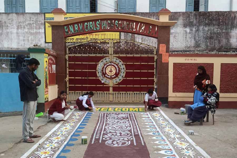 Junior students decorated their school with rangoli to ease pressure on Madhyamik Exam 2025 candidates