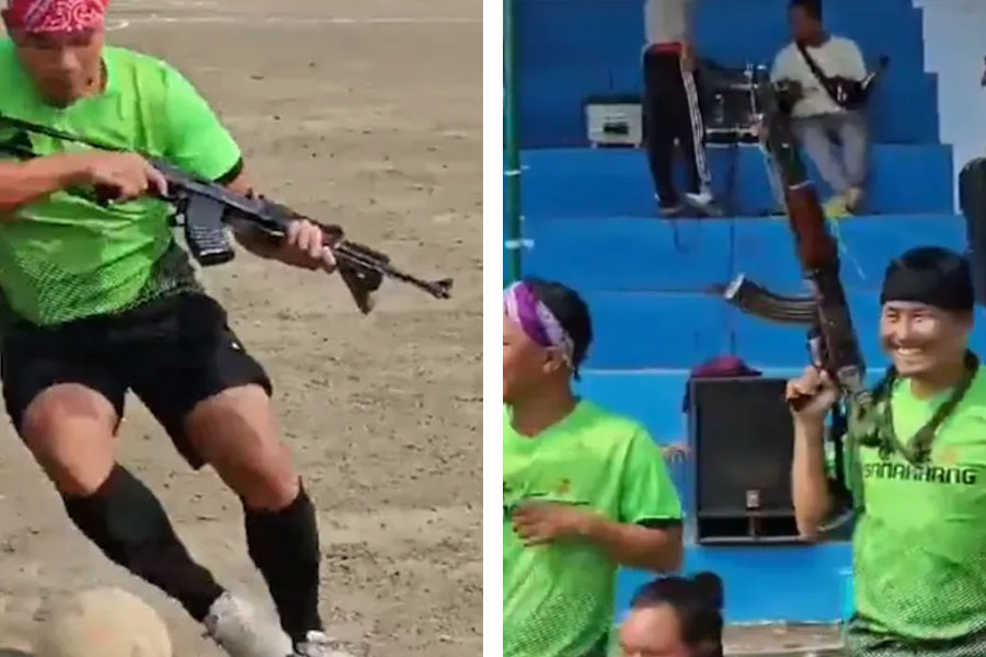 একে ৪৭ হাতে ফুটবল খেলা চলছে মণিপুরে। সমাজমাধ্যমে এই ছবি ছড়াতেই গ্রেফতার বেশ কয়েক জন। ছবি: সংগৃহীত।