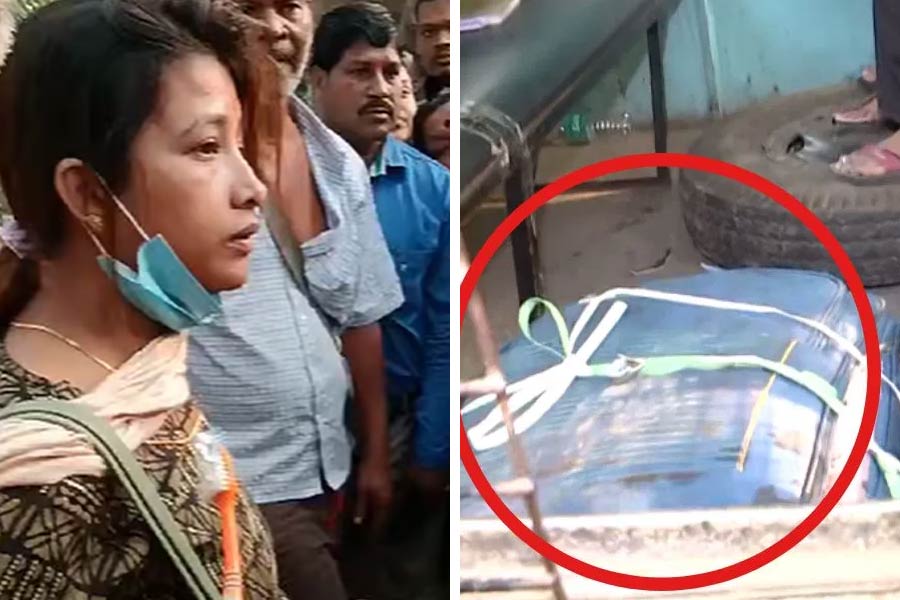 (বাঁ দিকে) অভিযুক্ত ফাল্গুনী ঘোষ। সেই ট্রলি ব্যাগ (ডান দিকে)।