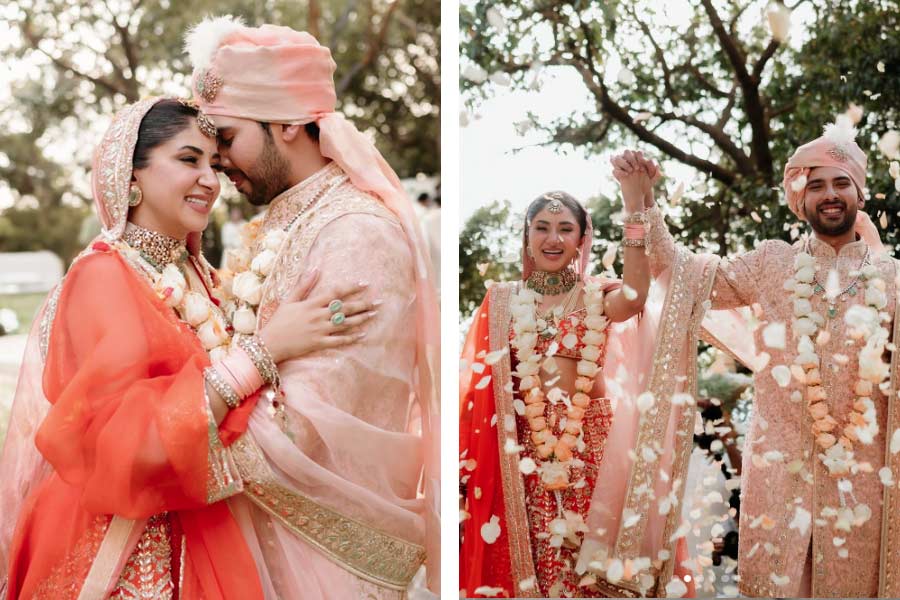 অরমান-আশনার বিয়ের পোশাকে গোলাপি ছোঁয়া।