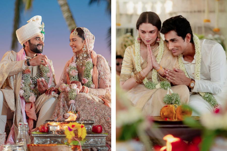 রকুল-জ্যাকি ও অদিতি-সিদ্ধার্থের বিয়ের পোশাকেও দেখা যায়নি লালের ছোঁয়া।