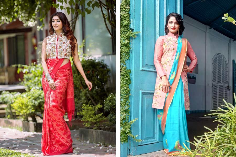 কলার দেওয়া ব্লাউজ় এবং জ্যাকেটে অভিনেত্রী পাওলি দাম এবং তনুশ্রী চক্রবর্তী।