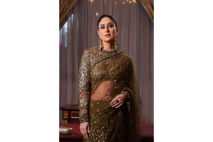 গলাবন্ধ কারুকাজ করা ব্লাউজ়ে করিনা কপূর। বিয়েবাড়ির অনুষ্ঠানে এই ধরনের ব্লাউজ়ও পরতে পারেন।