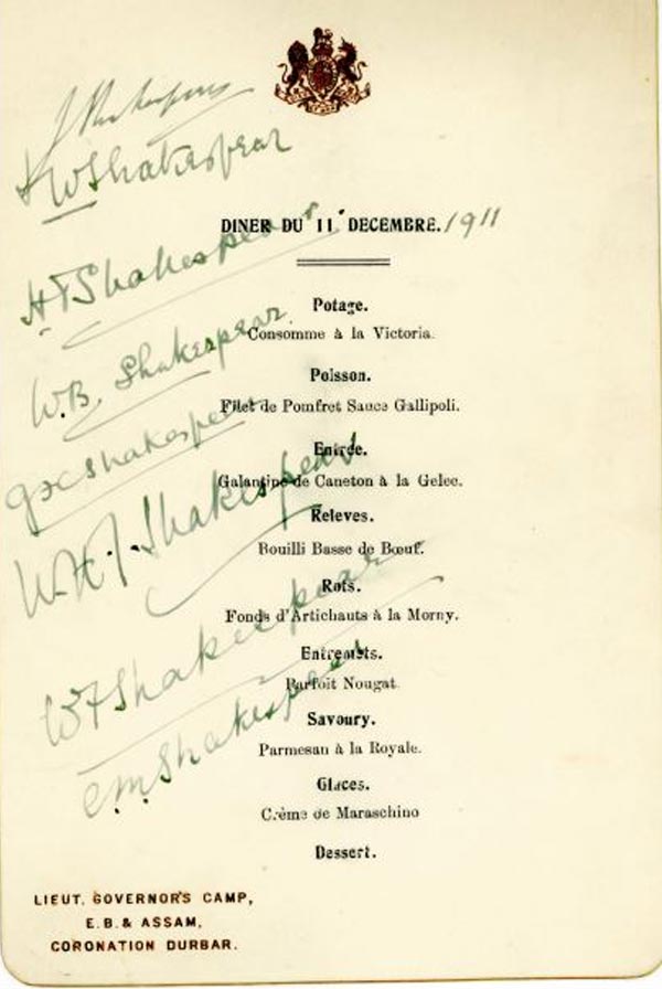 ১৯১১-র দিল্লি দরবারের নৈশভোজের মেনুকার্ডে শেক্সপিয়র পরিবারের সদস্যদের স্বাক্ষর।