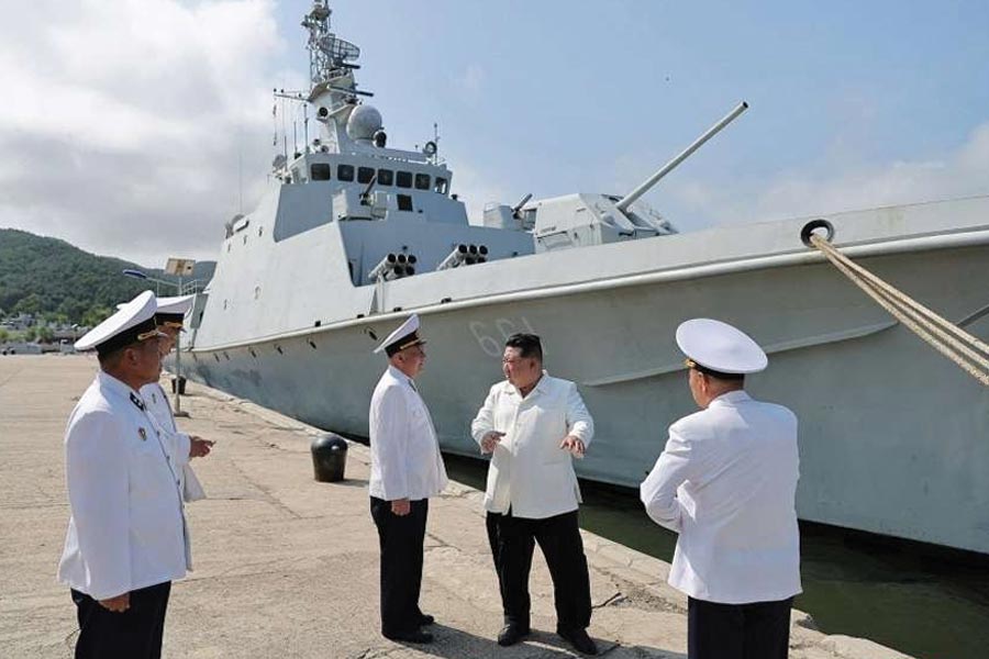 Kim Jong un North Korean Supreme Leader reveals largest ever warship armed with vertical launch nuclear missile system 